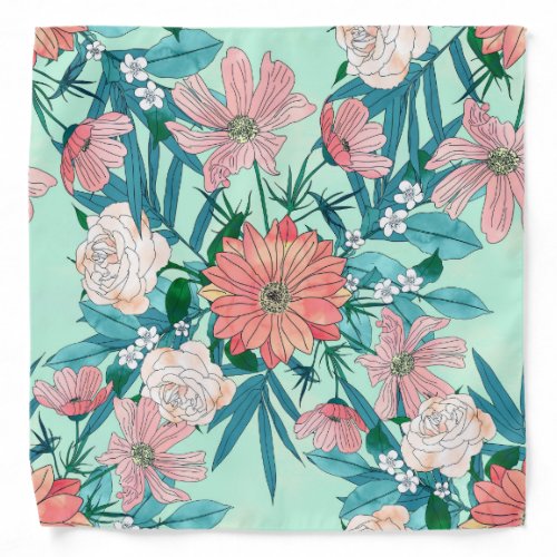 Boho chic spring garden flowers illustration bandana