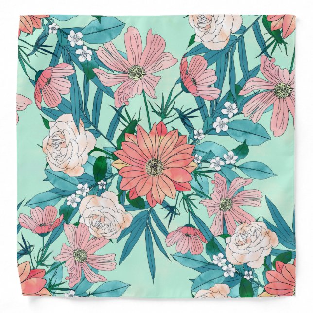 Boho chic spring garden flowers illustration bandana (Front)