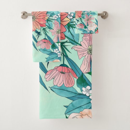 Boho chic spring garden flowers illustration bath towel set