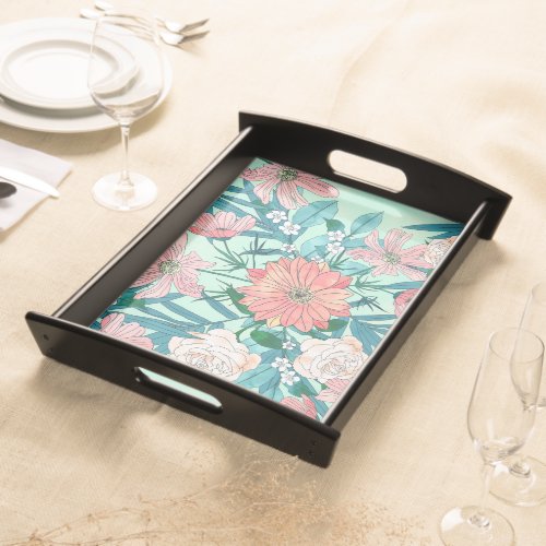 Boho chic spring garden flowers illustration serving tray