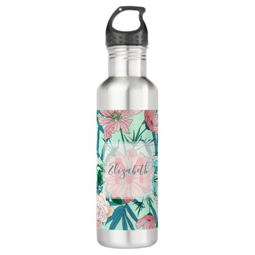 Boho chic spring garden flowers illustration stainless steel water bottle