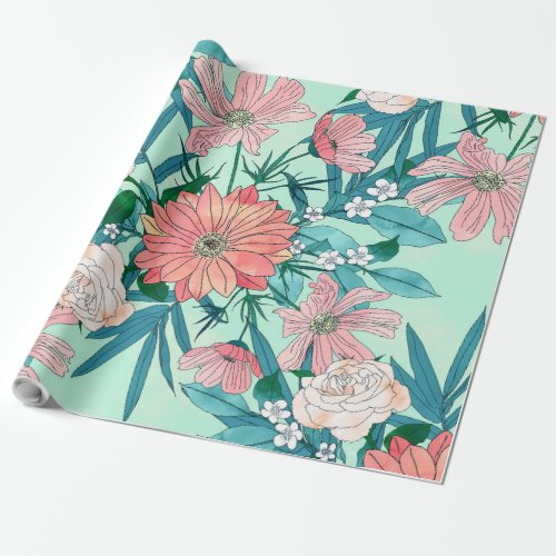 Boho chic spring garden flowers illustration wrapping paper