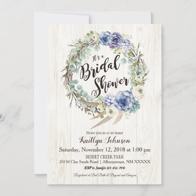 Boho Chic Succulent Eucalyptus Bridal Shower Invitation (Front)