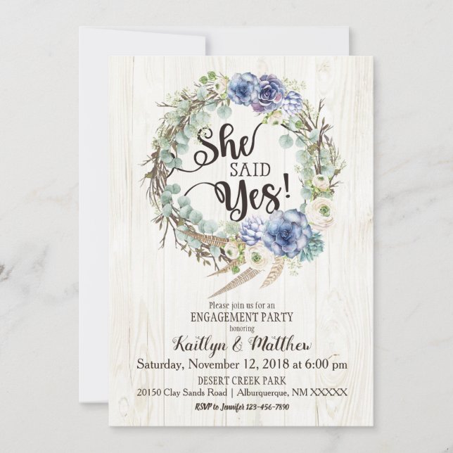 Boho Chic Succulent Eucalyptus Engagement Party Invitation (Front)