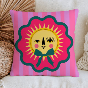 Boho Chic Sun Face Colorful Maximalist Striped Throw Pillow