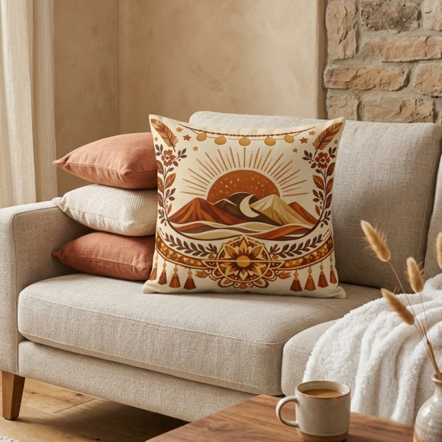 Boho Chic Sun & Mountain Throw Pillow (Creator Uploaded)