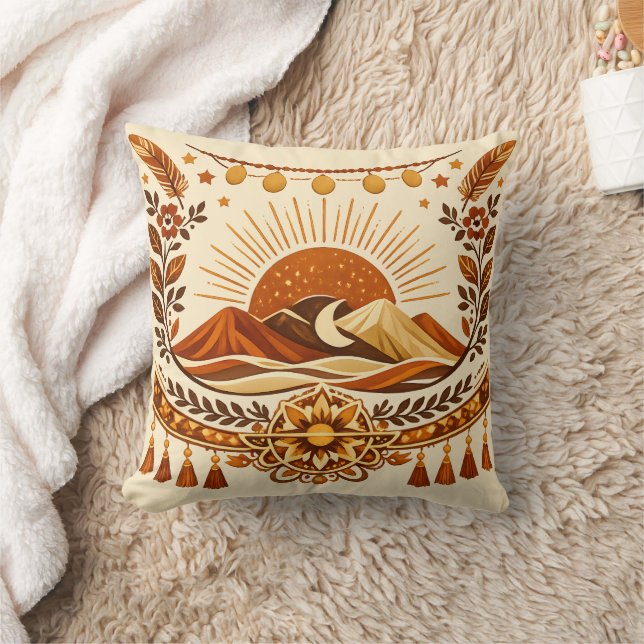 Boho Chic Sun & Mountain Throw Pillow (Blanket)