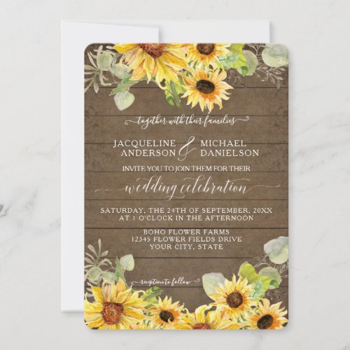 BOHO Chic Sunflower Floral Eucalyptus Leaf Wedding Invitation