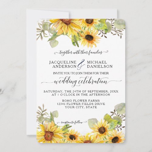 BOHO Chic Sunflower Floral Eucalyptus Leaf Wedding Invitation