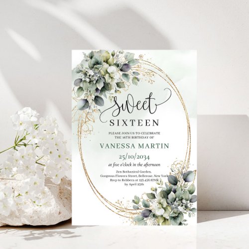 Boho Chic Sweet Sixteen Watercolor Greenery Invite