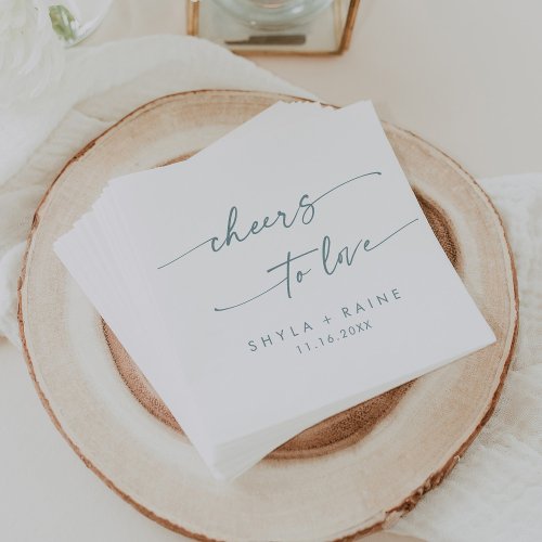 Boho Chic Teal and White Cheers to Love Wedding Napkins