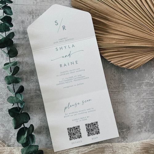 Boho Chic Teal and White Dual QR Code Wedding All In One Invitation