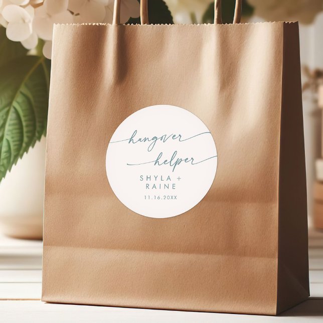 Boho Chic Teal and White Hangover Helper Favor Classic Round Sticker (Creator Uploaded)