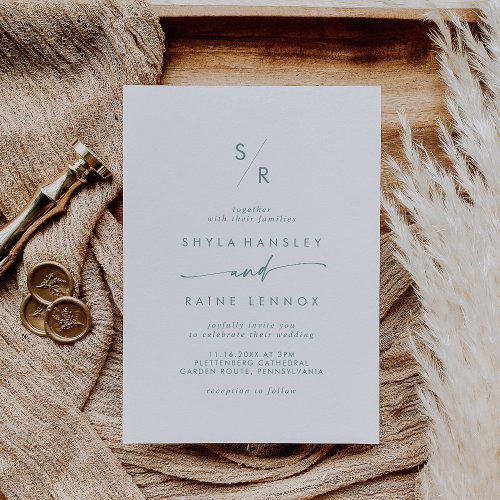 Boho Chic Teal and White Monogram Wedding Invitation