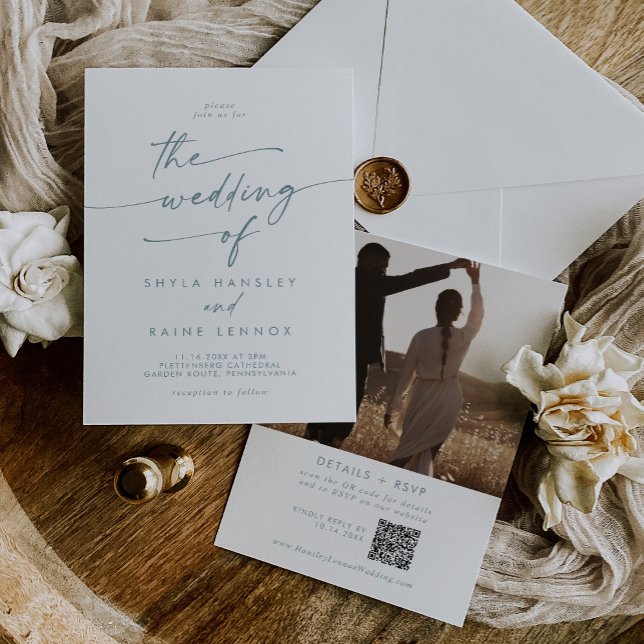 Boho Chic Teal and White Photo QR Code Wedding Invitation (Creator Uploaded)