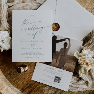 Boho Chic Teal and White Photo QR Code Wedding Invitation