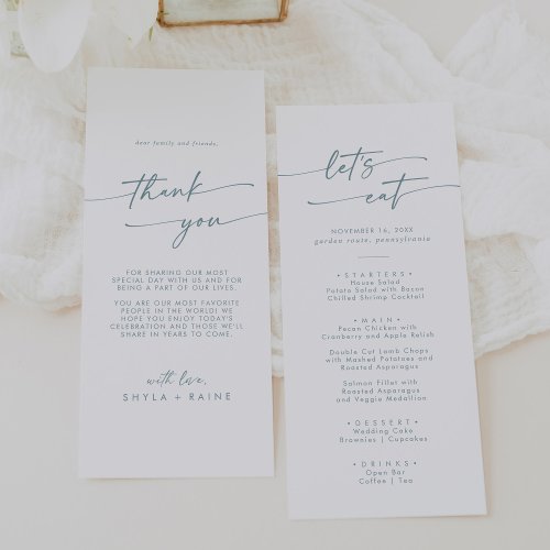 Boho Chic Teal and White Thank You and Wedding Menu