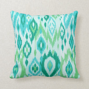 Boho Chic teal aqua green Ikat Tribal Tapestry Throw Pillow