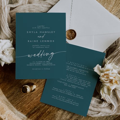 Boho Chic Teal Blue Front and Back Wedding Invitation