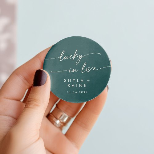 Boho Chic Teal Blue Lucky In Love Favor Classic Round Sticker
