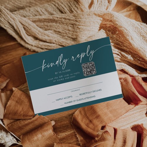 Boho Chic Teal Blue Mail In and QR Code RSVP Card