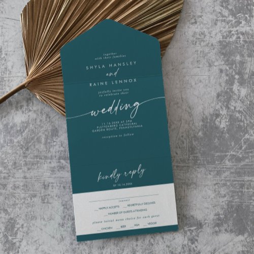 Boho Chic Teal Blue Meal Choice RSVP Wedding All In One Invitation