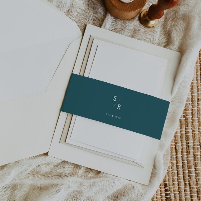 Boho Chic Teal Blue Monogram Wedding Invitation Belly Band (Creator Uploaded)