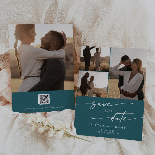 Boho Chic Teal Blue Multi Photo QR Code Save The Date