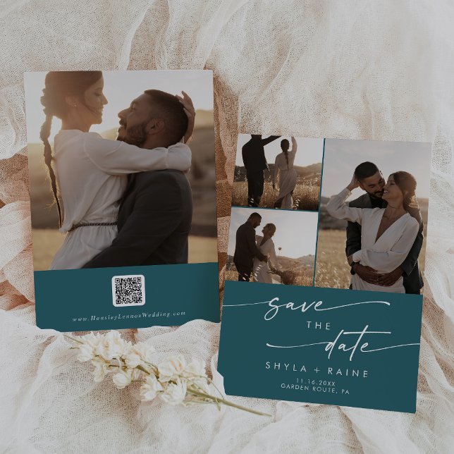 Boho Chic Teal Blue Multi Photo QR Code Save The Date (Creator Uploaded)