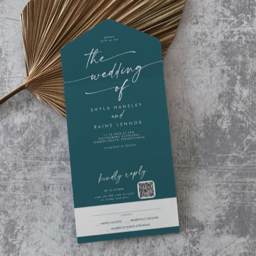 Boho Chic Teal Blue QR Code Mail In Wedding All In One Invitation