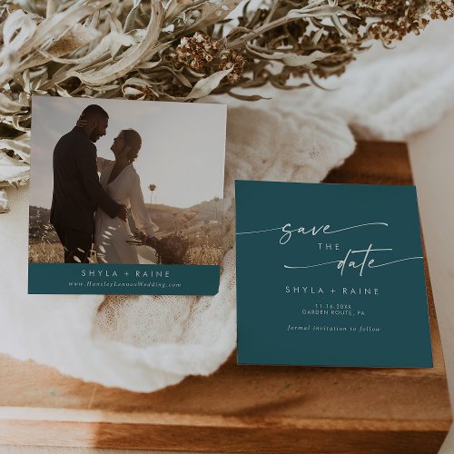 Boho Chic Teal Blue Square Photo Back Save The Date