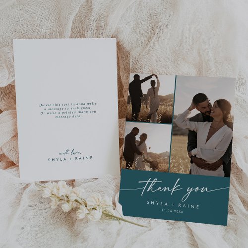 Boho Chic Teal Blue Wedding Photo Collage Thank You Card