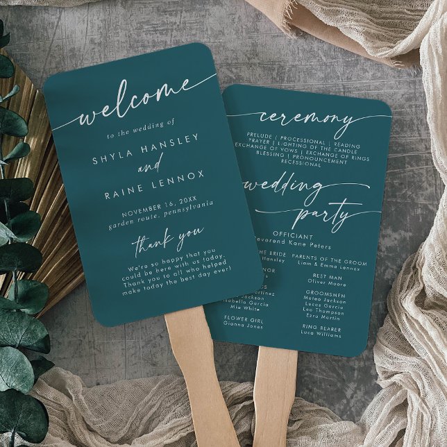 Boho Chic Teal Blue Wedding Program Hand Fan (Creator Uploaded)