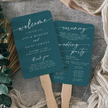 Boho Chic Teal Blue Wedding Program Hand Fan<br><div class="desc">This boho chic teal blue wedding program hand fan is perfect for a minimalist wedding ceremony. The bold dark turquoise jewel tone modern bohemian design features simple rustic calligraphy with a unique yet classic style. Personalize your wedding program with you names, wedding date, location, thank you message, order of service,...</div>