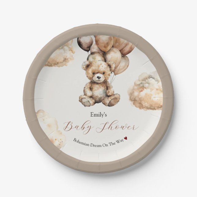 Boho Chic Teddy Bear Balloons Clouds Baby Shower Paper Plates (Front)