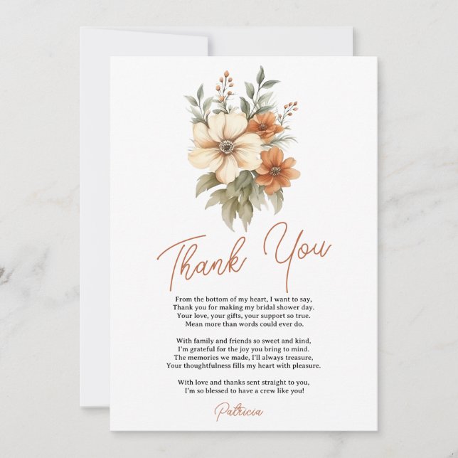 Boho Chic Terracotta Floral Bouquet Bridal Shower Thank You Card (Front)