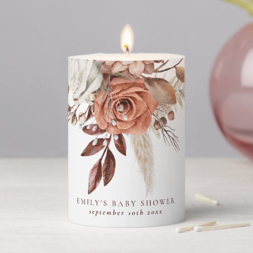 Boho Chic Terracotta Floral Name Baby Shower Pillar Candle