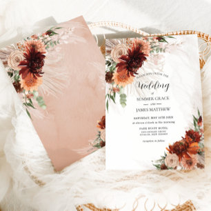 Boho Chic Terracotta Floral Pampas Grass Wedding Invitation