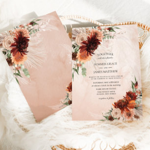 Boho Chic Terracotta Floral Pampas Grass Wedding Invitation
