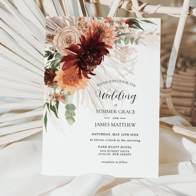 Boho Chic Terracotta Floral Pampas Grass Wedding  Invitation (Creator Uploaded)