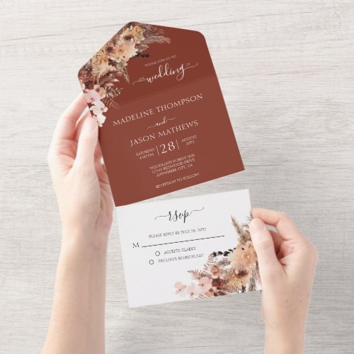 Boho Chic Terracotta Floral Watercolor Wedding All All In One Invitation