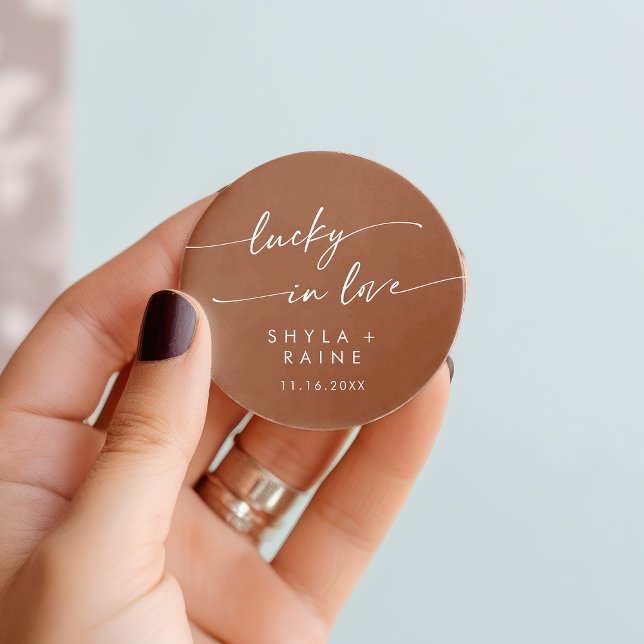 Boho Chic Terracotta Lucky In Love Favor Classic Round Sticker (Boho Chic Terracotta Lucky In Love Favor Classic Round Sticker)