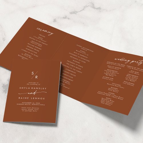 Boho Chic Terracotta Monogram Wedding Tri_Fold Program