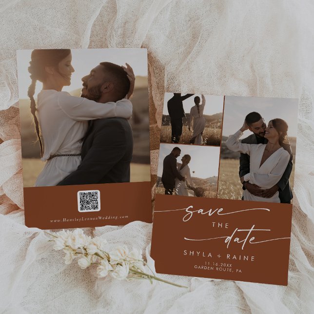 Boho Chic Terracotta Multi Photo QR Code Save The Date (Creator Uploaded)