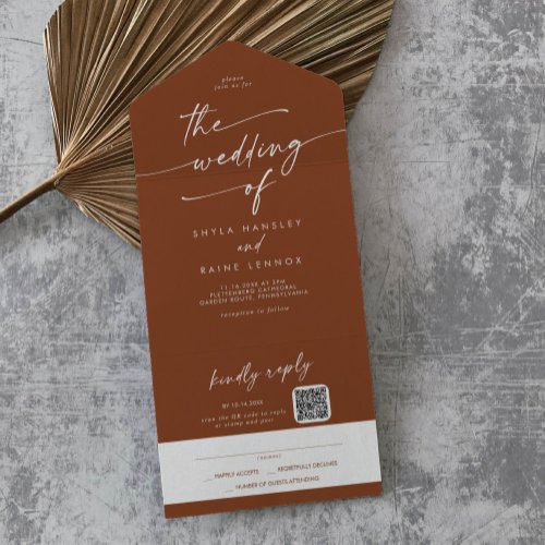 Boho Chic Terracotta QR Code Mail In Wedding All In One Invitation