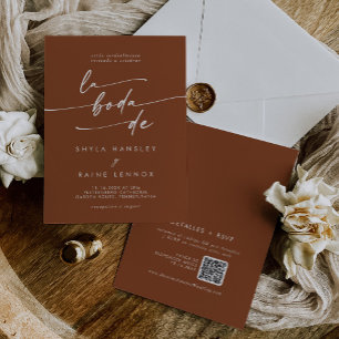 Boho Chic Terracotta QR Code Spanish Wedding Invitation