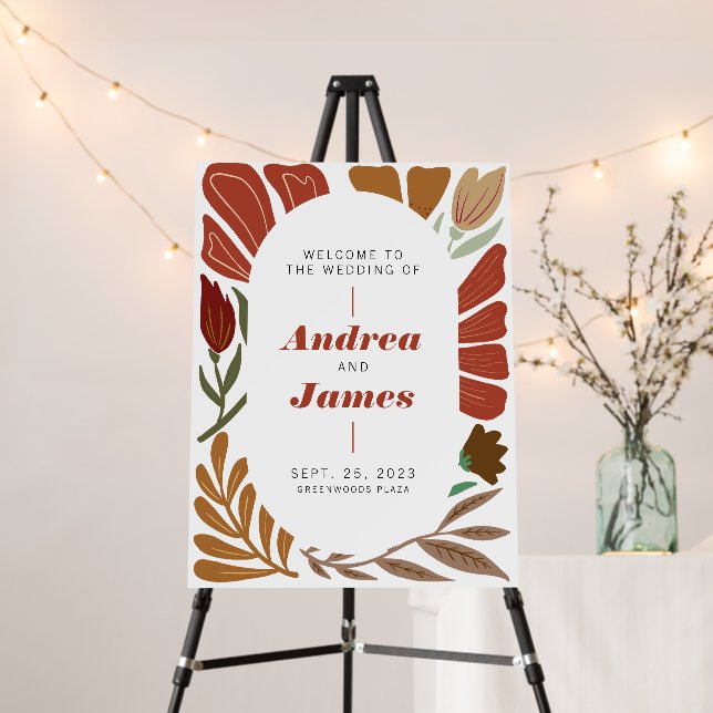 Boho Chic Terracotta Retro Floral Wedding Welcome Foam Board (In Situ (Stand))