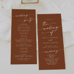 Boho Chic Terracotta Tea Length Wedding Program<br><div class="desc">This boho chic terracotta tea length wedding program is perfect for a minimalist wedding ceremony. The earthy burnt orange modern bohemian design features simple rustic calligraphy with a unique yet classic style. Personalize your wedding program with you names, wedding date, location, order of service, wedding party and optional in loving...</div>