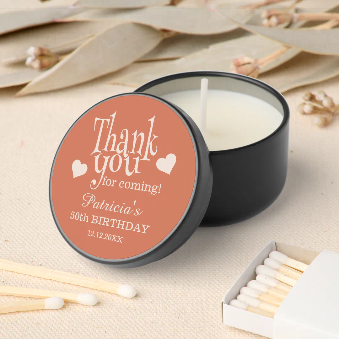 Boho Chic Terracotta Thank You 50th Birthday Party Mini Candle Favors
