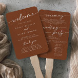 Boho Chic Terracotta Wedding Program Hand Fan<br><div class="desc">This boho chic terracotta wedding program hand fan is perfect for a minimalist wedding ceremony. The earthy burnt orange modern bohemian design features simple rustic calligraphy with a unique yet classic style. Personalize your wedding program with you names, wedding date, location, thank you message, order of service, and wedding party....</div>